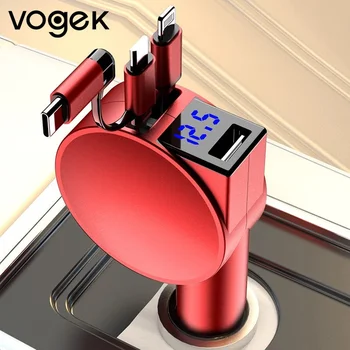Автомобильное Зарядное Устройство Vogek 3-в-1 мощностью 60 Вт для Сверхбыстрой зарядки iPhone Xiaomi Huawei Samsung с Телескопическими Зарядными Кабелями и Адаптерами