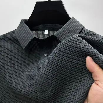 Летняя Новая мужская рубашка-поло с короткими рукавами, дышащая деловая модная футболка из ледяного шелка, мужская качественная брендовая одежда
