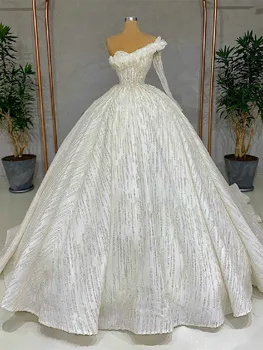 Бальное платье, свадебные платья, Бато с длинным рукавом, Пайетки, 3D Кружевные Аппликации, Оборки, Бусины, Складки, Свадебные платья Vestina De Novia
