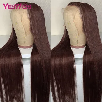 13x6 Прямых париков из человеческих волос шоколадно-коричневого цвета с кружевом Спереди Для женщин, предварительно выщипанных HD Прозрачный 360 Полный Парик с кружевом спереди