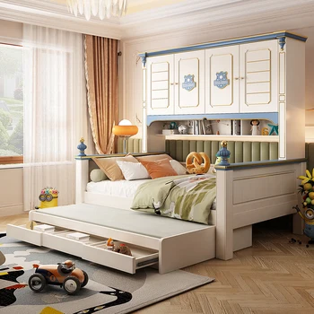 Детская кровать, шкаф-купе, кровать, цельный, легкая роскошь, небольшой блок, многофункциональная кровать для мальчика, blue boy's child, массив дерева pri