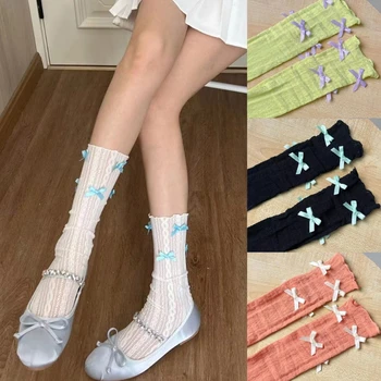 Милые женские открытые носки до щиколоток из кружевной сетки В японском стиле, женские летние носки ярких цветов с бантом и рюшами, носки средней длины