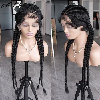 Синтетические плетеные кружевные передние парики с волосами Младенца Двойная Голландская коробка Плетеный треугольник 360 Кружевной Фронтальный парик с длинными косами для женщин