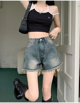 Джинсовые шорты с меховой бахромой в стиле ретро, Новые летние женские повседневные короткие широкие брюки трапециевидной формы с высокой талией 2023 года, хит продаж, брюки