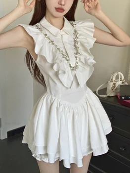 Летнее Белое Корейское модное платье Kawaii, женское повседневное вечернее платье в стиле пэчворк, Дизайнерское винтажное платье с рюшами и воланами 2023 года