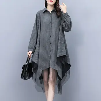 Модная сетчатая рубашка в стиле пэчворк, Корейская демисезонная женская одежда, однобортные платья средней длины с отложным воротником и полосатым принтом