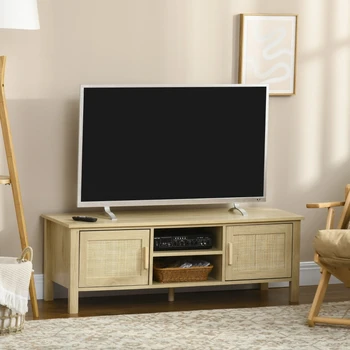 Подставка для телевизора в стиле бохо, Деревянная телевизионная консоль, Развлекательный центр с дверцей из ротанга, регулируемой полкой и шкафами для хранения