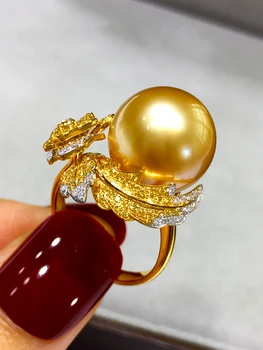 Кольцо с Жемчугом Nanyang Gold из золота 18 Карат, Инкрустированного Бриллиантами и Натуральным Морским Жемчугом 13-14 мм, Круглое, Сильное, Легкое, Темпераментное Кольцо