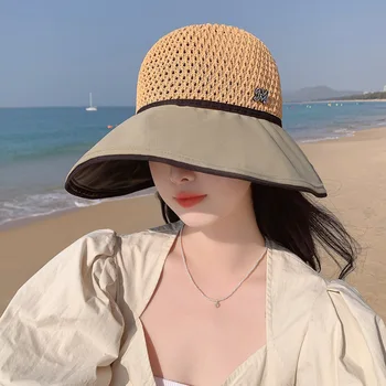 Летняя шляпа в корейском стиле, женская высококачественная металлическая шляпа с буквенным логотипом, сетчатая виниловая солнцезащитная шляпа с большими полями, новинка