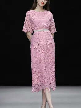 Элегантный Женский кружевной комплект из двух предметов, милая Розовая открытая рубашка, топы + средняя юбка, костюмы, женский OL Комплект из 2 предметов, наряды с жемчужным поясом