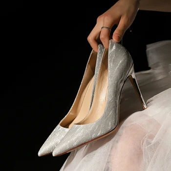 Роскошные золотые серебряные женские туфли-лодочки 2023, весенние вечерние свадебные туфли на высоком каблуке с острым носком, женские дизайнерские туфли на шпильках