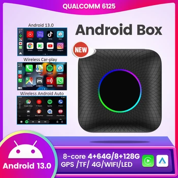 8 core QCM6125 Android13 Ai Box для CarPlay Android Auto Wireless Smart TV Box LED IPTV Netflix FOTA Обновление Car Play GPS 4G Sim