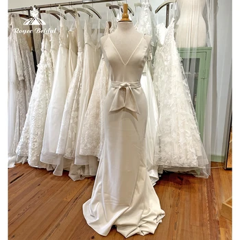 Простое сексуальное Свадебное платье-русалка с V-образным вырезом и бретельками-спагетти, Открытая спина, пояс с бантом, Атласные свадебные платья в стиле Бохо, Vestidos De.