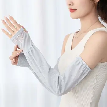 Солнцезащитный крем Простые Летние шелковые перчатки для вождения без пальцев, эластичные рукава, Однотонные женские грелки для рук