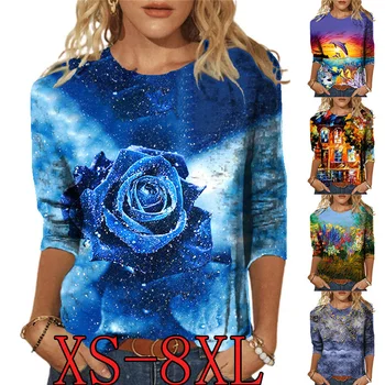 2023 Женский модный пуловер с круглым вырезом и цветочным принтом, осень-зима, повседневная футболка свободного размера с длинным рукавом, топы XS-8XL 0