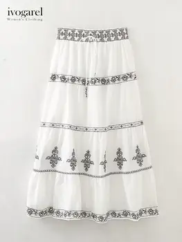Винтажная вышитая юбка-миди Ivogarel, женская юбка-макси с высокой талией из хлопка с контрастной вышивкой на эластичном поясе 0