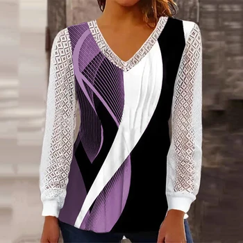 Блузка для женщин 2023, Модная кружевная рубашка в стиле пэчворк с длинным рукавом и V-образным вырезом, рубашка с цифровой полосатой печатью, Повседневная элегантная офисная блузка Femme 0
