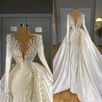 Свадебное платье-футляр с V-образным вырезом и длинным рукавом, расшитое бисером, свадебное платье невесты из Саудовской Аравии на заказ