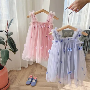 Детское газовое платье для девочек с вышивкой бабочек 2023, летнее детское платье-комбинация, юбка принцессы, юбка-пончо
