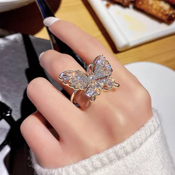 Корейское новое модное кольцо с циркониевой инкрустацией, открывающее кольцо с бабочкой для женщин, вечерние украшения