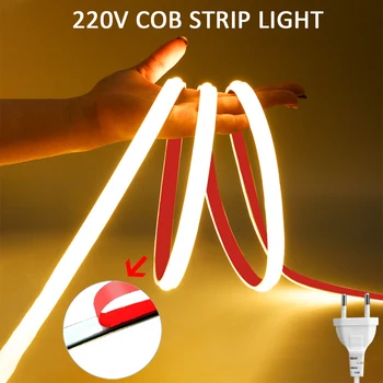 Светодиодная лента высокой яркости 220V COB с клейкой водонепроницаемой гибкой лентой, светодиодная лента для наружного освещения спальни, кухни