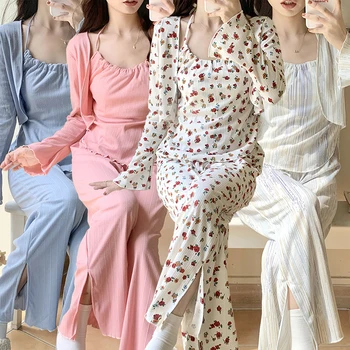 2023 Осень, 3 шт., Сексуальное женское белье, Хлопковые пижамные комплекты на бретельках для женщин, Корейская милая пижама, Пижамная Женская домашняя одежда