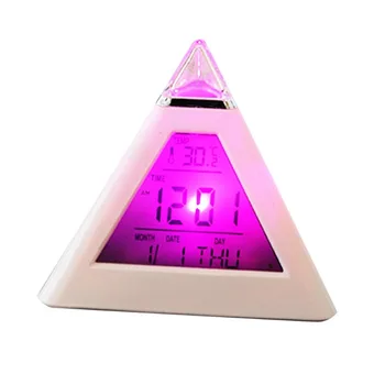 Цифровой будильник, 7 цветов, меняющийся ночной свет, отображение времени и температуры, настольные часы пирамидальной формы