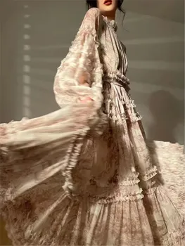 Французское Винтажное Вечернее платье с рукавом-фонариком, Женское Элегантное Свободное платье с V-образным вырезом и оборками, Осеннее Женское модное кружевное платье 0