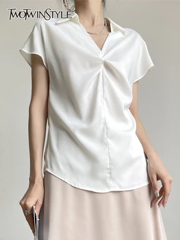 TWOTWINSTYLE, однотонные минималистичные блузки для женщин, V-образный вырез, короткий рукав, Лоскутные складки, Темпераментные рубашки, женская модная одежда 0
