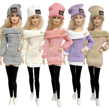 5 комплектов модного вязаного свитера, повседневной одежды, черных чулок, шапки, теплой одежды для куклы Барби, аксессуаров DIY, детских игрушек