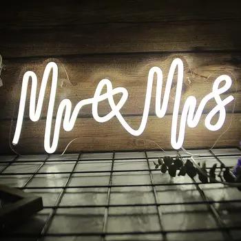 Неоновые световые вывески Mr & Mrs Белые светодиодные неоновые вывески для свадьбы, помолвки, декора стен спальни с регулируемым USB-переключателем, неоновая вывеска