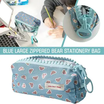 Синяя большая канцелярская сумка с медведем на молнии, Грязеотталкивающая сумка для студенток, сумка для канцелярских принадлежностей, сумка для хранения ручек, карандаш U6T2