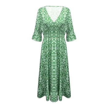 Женское Летнее богемное платье Миди с цветочным принтом, короткий рукав, V-образный вырез, эластичный пояс, Свободное пляжное платье 0