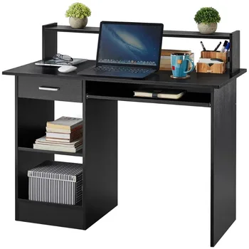 LISM Деревянный Компьютерный стол для домашнего офиса с выдвижными ящиками и подносом для клавиатуры, черный 1
