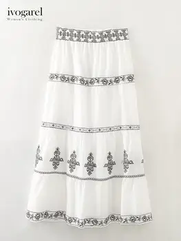 Винтажная вышитая юбка-миди Ivogarel, женская юбка-макси с высокой талией из хлопка с контрастной вышивкой на эластичном поясе 1