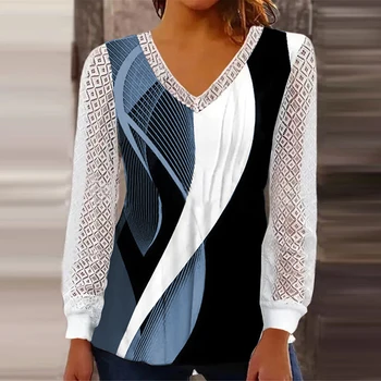 Блузка для женщин 2023, Модная кружевная рубашка в стиле пэчворк с длинным рукавом и V-образным вырезом, рубашка с цифровой полосатой печатью, Повседневная элегантная офисная блузка Femme 1