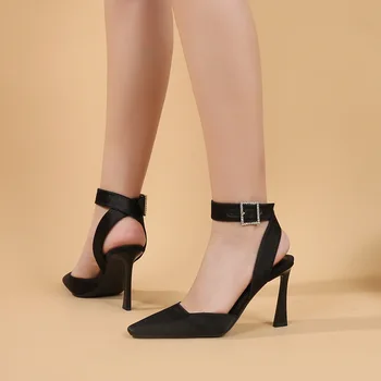 2023 Женские модные шелковые босоножки на высоком каблуке с маленькой квадратной головкой, черные Сексуальные женские Босоножки с острым носком на тонком каблуке, повседневные ЖЕНСКИЕ туфли-лодочки 1
