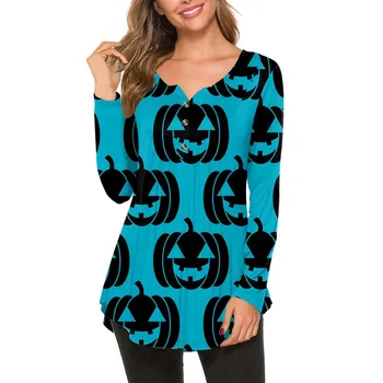 Женская футболка, модный повседневный пуловер с длинными рукавами и пуговицами на Хэллоуин, блузка с круглым вырезом и принтом футболка женский Roupas Femini 1