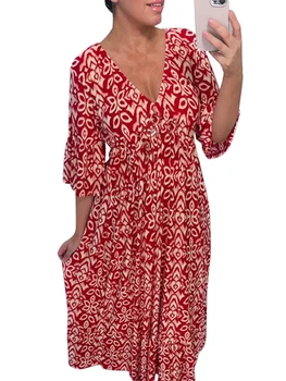 Женское Летнее богемное платье Миди с цветочным принтом, короткий рукав, V-образный вырез, эластичный пояс, Свободное пляжное платье 1