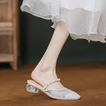 Расшитые бисером сандалии, женские сетчатые туфли на среднем каблуке, летние новые женские босоножки роскошного бренда, лаконичные женские босоножки 2023 года выпуска 2