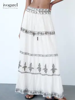 Винтажная вышитая юбка-миди Ivogarel, женская юбка-макси с высокой талией из хлопка с контрастной вышивкой на эластичном поясе 2