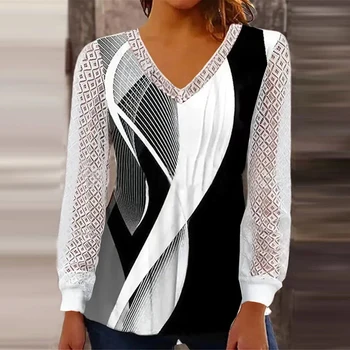 Блузка для женщин 2023, Модная кружевная рубашка в стиле пэчворк с длинным рукавом и V-образным вырезом, рубашка с цифровой полосатой печатью, Повседневная элегантная офисная блузка Femme 2