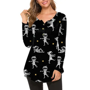 Женская футболка, модный повседневный пуловер с длинными рукавами и пуговицами на Хэллоуин, блузка с круглым вырезом и принтом футболка женский Roupas Femini 2