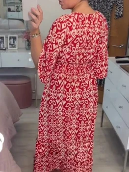 Женское Летнее богемное платье Миди с цветочным принтом, короткий рукав, V-образный вырез, эластичный пояс, Свободное пляжное платье 2