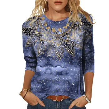 2023 Женский модный пуловер с круглым вырезом и цветочным принтом, осень-зима, повседневная футболка свободного размера с длинным рукавом, топы XS-8XL 3