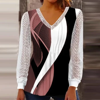 Блузка для женщин 2023, Модная кружевная рубашка в стиле пэчворк с длинным рукавом и V-образным вырезом, рубашка с цифровой полосатой печатью, Повседневная элегантная офисная блузка Femme 3