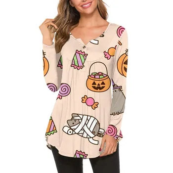 Женская футболка, модный повседневный пуловер с длинными рукавами и пуговицами на Хэллоуин, блузка с круглым вырезом и принтом футболка женский Roupas Femini 3