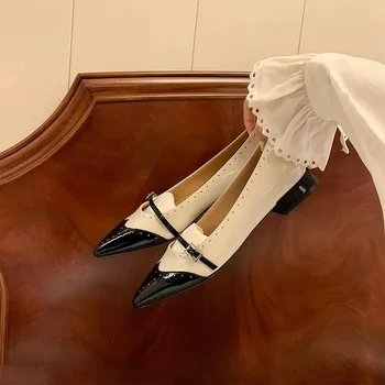 Лоферы с односложной пряжкой во французском стиле с острым носком, кожаные туфли-лодочки на плоской подошве с цветной гравировкой, винтажные туфли Мэри Джейнс на низком каблуке 3
