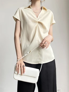 TWOTWINSTYLE, однотонные минималистичные блузки для женщин, V-образный вырез, короткий рукав, Лоскутные складки, Темпераментные рубашки, женская модная одежда 3