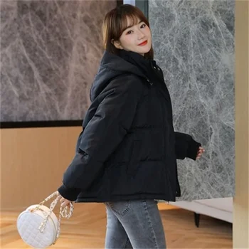 2023, Зимняя пуховая куртка, женская короткая новая корейская студенческая куртка с капюшоном, стеганое пальто, свободное толстое стеганое пальто H1592 4